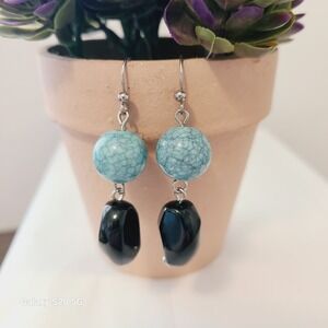 Handmade Dangle Earrings Blue Crackle Bead Black Stone Cabochon Drop Earrings
